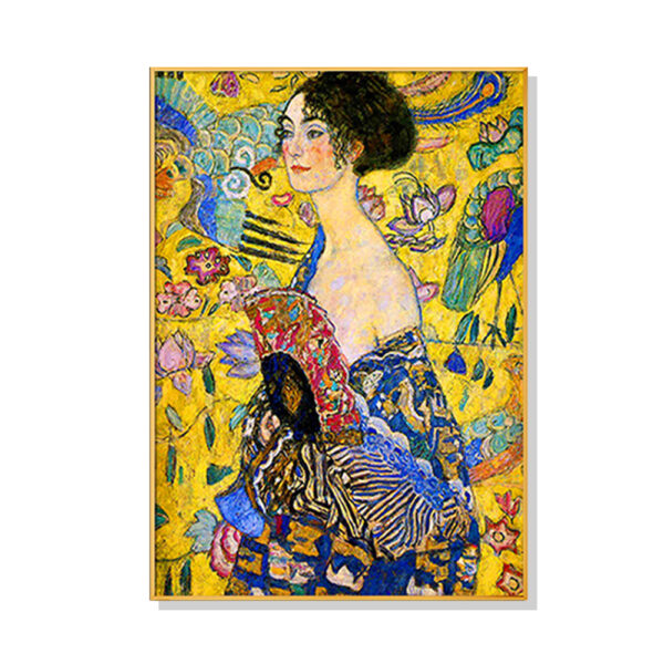 HomeDiscount-Wall Art 50cmx70cm Lady With A fan By Klimt Gold Frame Canvas