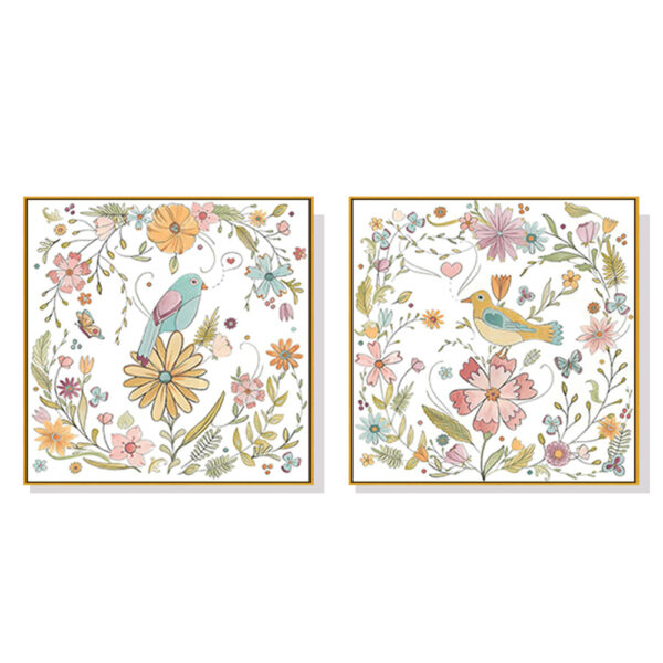 HomeDiscount-Wall Art 50cmx50cm Floral birds 2 Sets Gold Frame Canvas