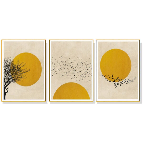 HomeDiscount-Wall Art 40cmx60cm Flock Of Birds Sun Silhouette 3 Sets Gold Frame Canvas