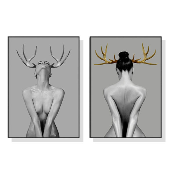 HomeDiscount-Wall Art 70cmx100cm Girl With Gold Horn 2 Sets Black Frame Canvas