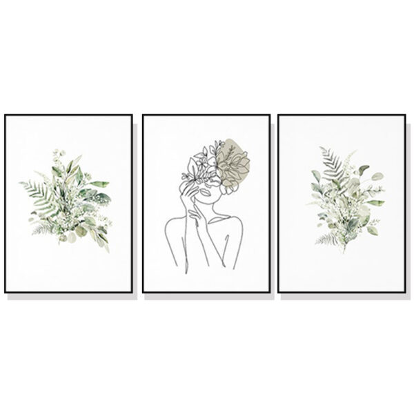 HomeDiscount-Wall Art 60cmx90cm Botanical Line Girl 3 Sets Black Frame Canvas