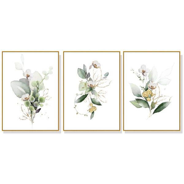 HomeDiscount-Wall Art 50cmx70cm Green and Gold Watercolor Botanical 3 Sets Gold Frame Canvas