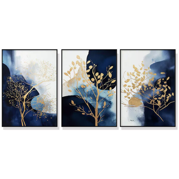 HomeDiscount-Wall Art 40cmx60cm Navy and Gold Watercolor Shapes 3 Sets Black Frame Canvas