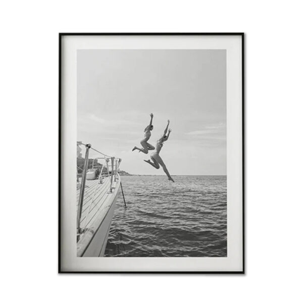 HomeDiscount-Wall Art 30cmx40cm Black and White Ocean Jump  Black Frame Canvas