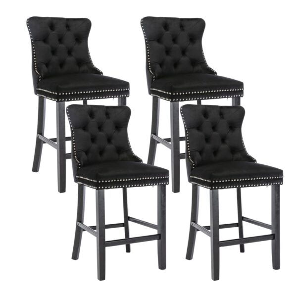 HomeDiscount-4X Velvet Bar Stools with Studs Trim Wooden Legs Tufted Dining Chairs Kitchen