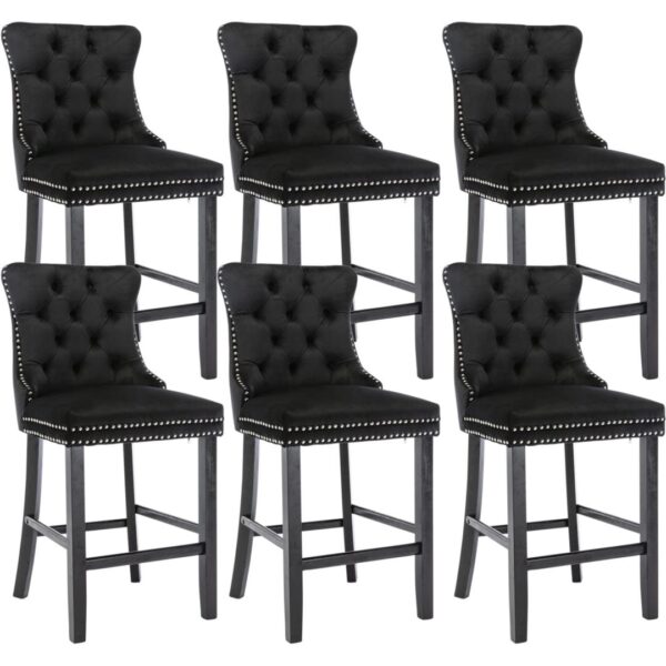 HomeDiscount-6X Velvet Bar Stools with Studs Trim Wooden Legs Tufted Dining Chairs Kitchen