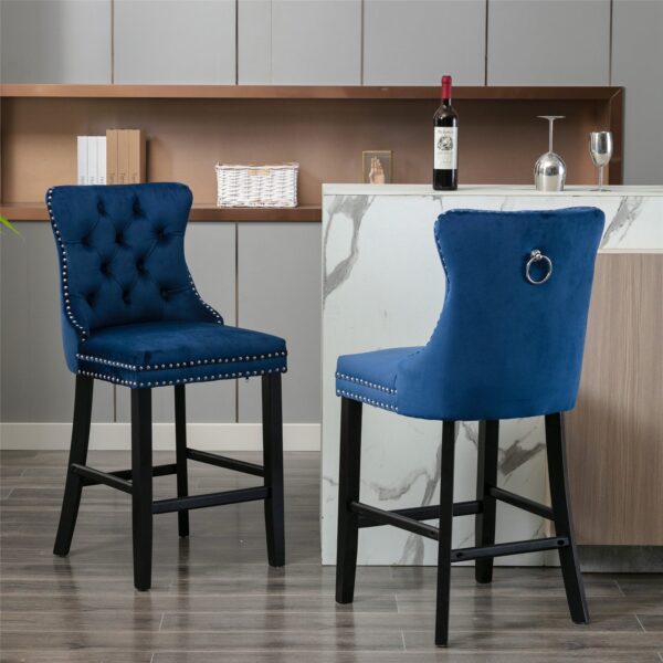 HomeDiscount-2X Velvet Bar Stools with Studs Trim Wooden Legs Tufted Dining Chairs Kitchen