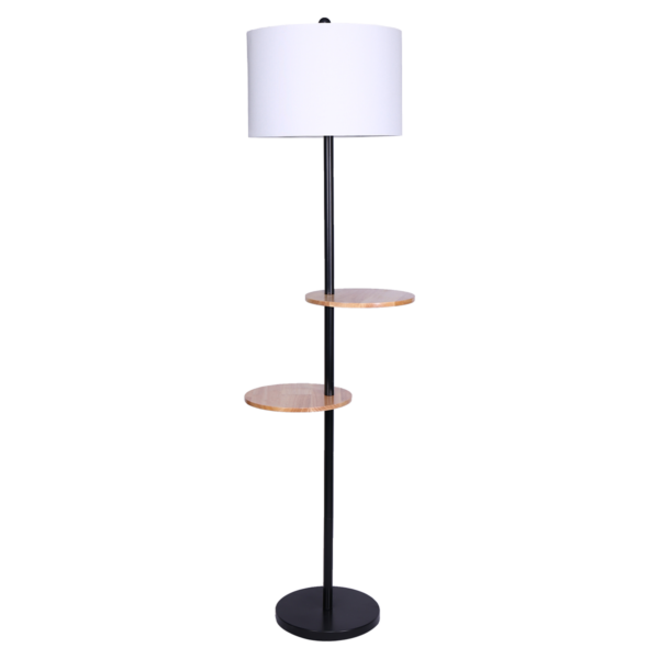 HomeDiscount-Metal Floor Lamp Shade with Black Post in Round Wood Shelves