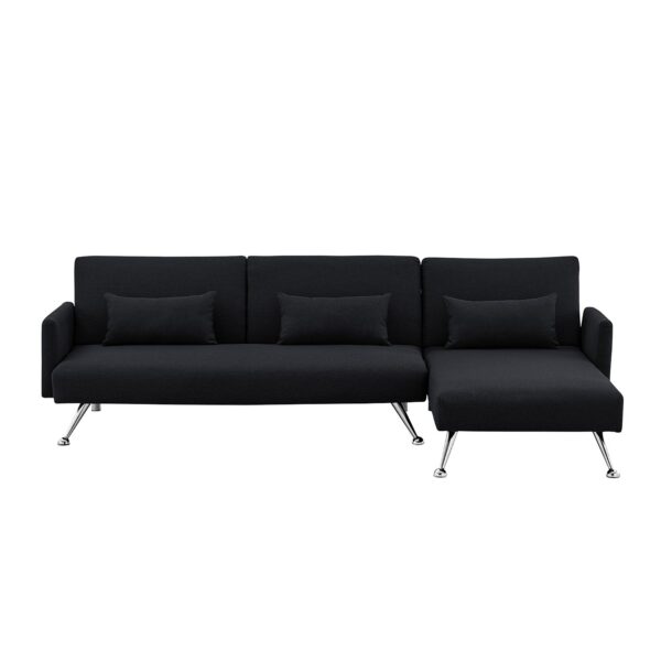 HomeDiscount-Mia 3-Seater Sofa Bed with Chaise & 3 Pillows - Black