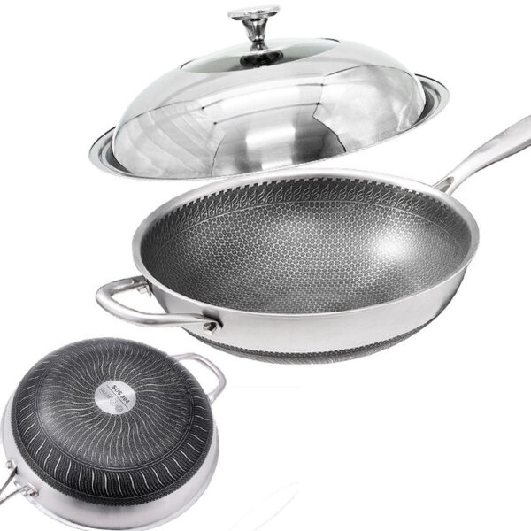 HomeDiscount-34cm 304 Stainless Steel Non-Stick Stir Fry Cooking Kitchen Honeycomb Wok Pan wi