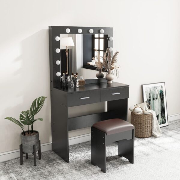 HomeDiscount-Fidel Vanity Set with Cushioned Stool and Lighted Mirror- Black