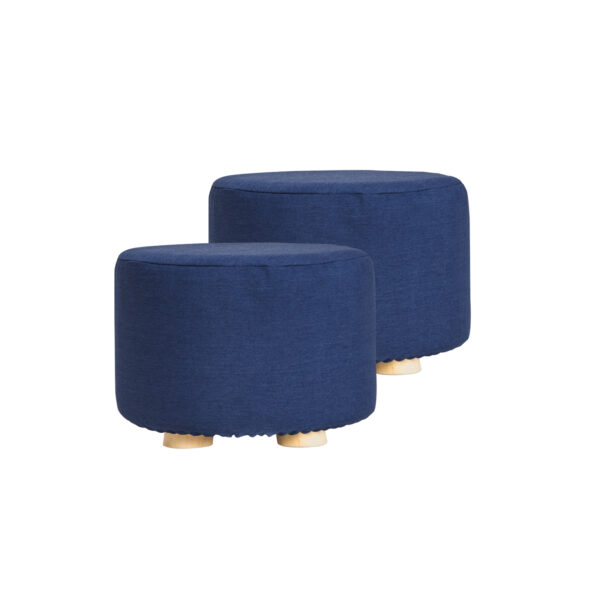 HomeDiscount-2X Fabric Ottoman Round Wooden Leg Foot Stool - DARK BLUE