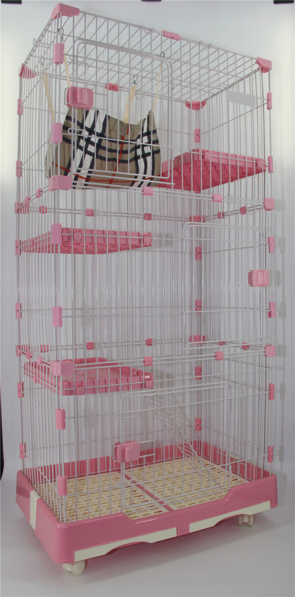 HomeDiscount-179 cm Pink Pet 4 Level Cat Cage House With Litter Tray & Wheel 82x57x179 CM