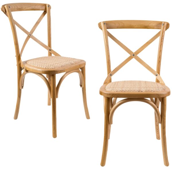 HomeDiscount-Aster Crossback Dining Chair Set of 2 Solid Birch Timber Wood Ratan Seat - Oak