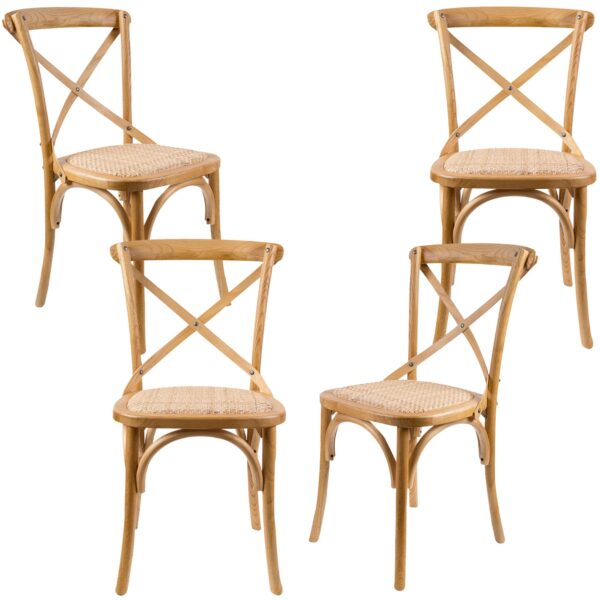 HomeDiscount-Aster Crossback Dining Chair Set of 4 Solid Birch Timber Wood Ratan Seat - Oak