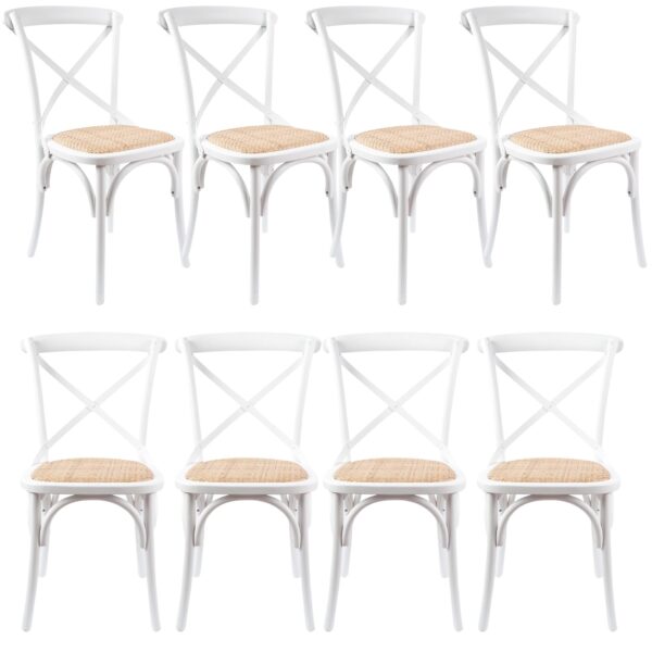 HomeDiscount-Aster Crossback Dining Chair Set of 8 Solid Birch Timber Wood Ratan Seat - White