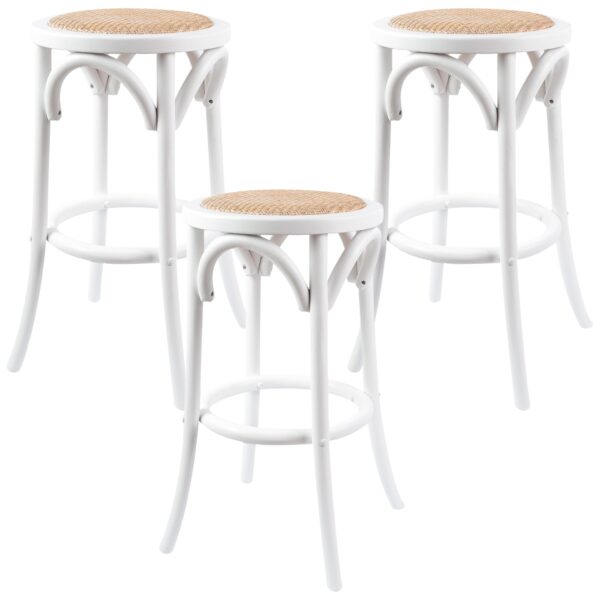 HomeDiscount-Aster 3pc Round Bar Stools Dining Stool Chair Solid Birch Wood Rattan Seat White