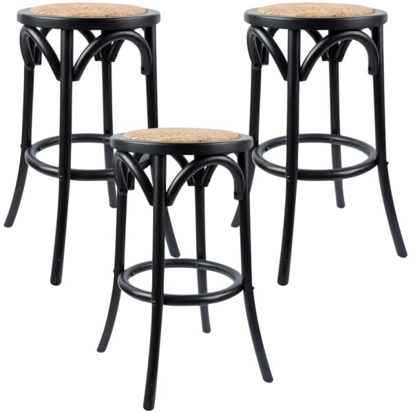 HomeDiscount-Aster 3pc Round Bar Stools Dining Stool Chair Solid Birch Wood Rattan Seat Black