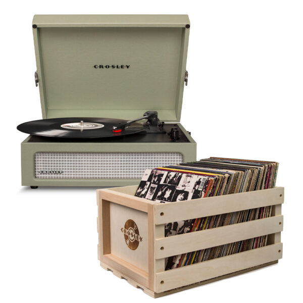 HomeDiscount-Voyager Sage - Bluetooth Portable Turntable  & Record Storage Crate