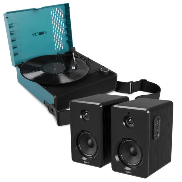 HomeDiscount-Victrola Revolution Go Turntable - Blue + Bundled  D40 Bluetooth Speakers