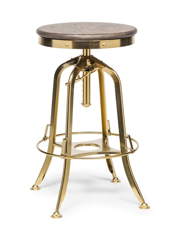 HomeDiscount-Industrial Height Adjustable Swivel Bar Stool with Oak Wood Top - Gold Finish