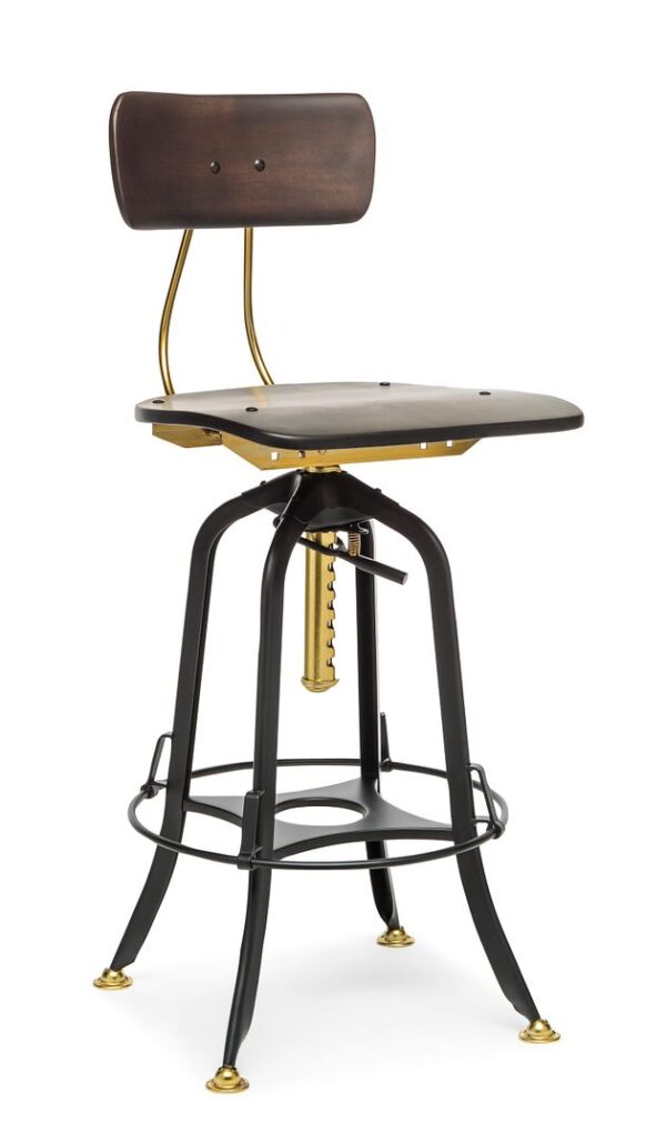 HomeDiscount-Industrial Wooden Height Adjustable Swivel Bar Stool Chair with Back - Gold Blac