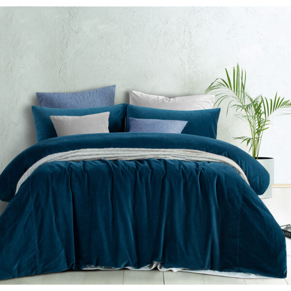 HomeDiscount-Vintage Design Homewares Cotton Velvet Quilt Cover Set Riverland Blue Queen