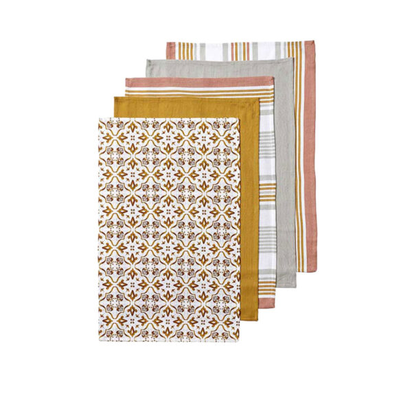 HomeDiscount-Ladelle Tile Set of 5 Cotton Kitchen Towels Gold