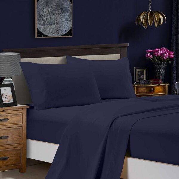 HomeDiscount-1000TC Ultra Soft Double Size Bed Midnight Blue Flat & Fitted Sheet Set