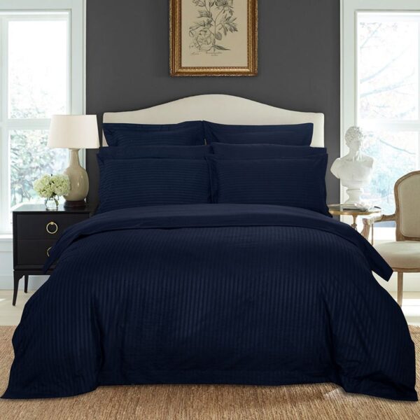 HomeDiscount-1000TC Ultra Soft Striped Queen Size Midnight Blue Duvet Quilt Cover Set