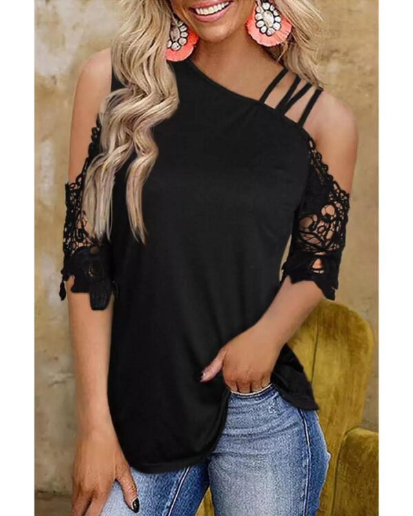 HomeDiscount-Azura Exchange Lace Splicing Strappy Cold Shoulder Top - M