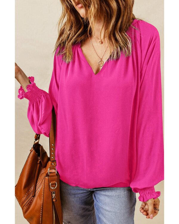 HomeDiscount-Azura Exchange Pleated V Neck Puffy Sleeve Blouse - XL