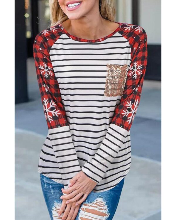 HomeDiscount-Azura Exchange Christmas Striped Patchwork Long Sleeve Top - M