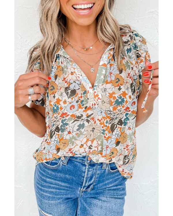 HomeDiscount-Azura Exchange Multicolor Split V Neck Flower Print Blouse - L