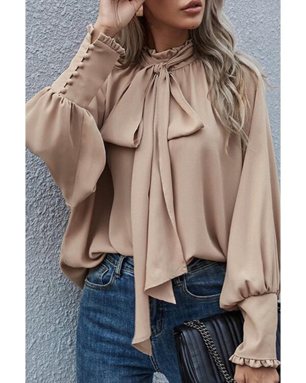 HomeDiscount-Azura Exchange Khaki Frilled Knotted Blouse with Bishop Sleeves - S