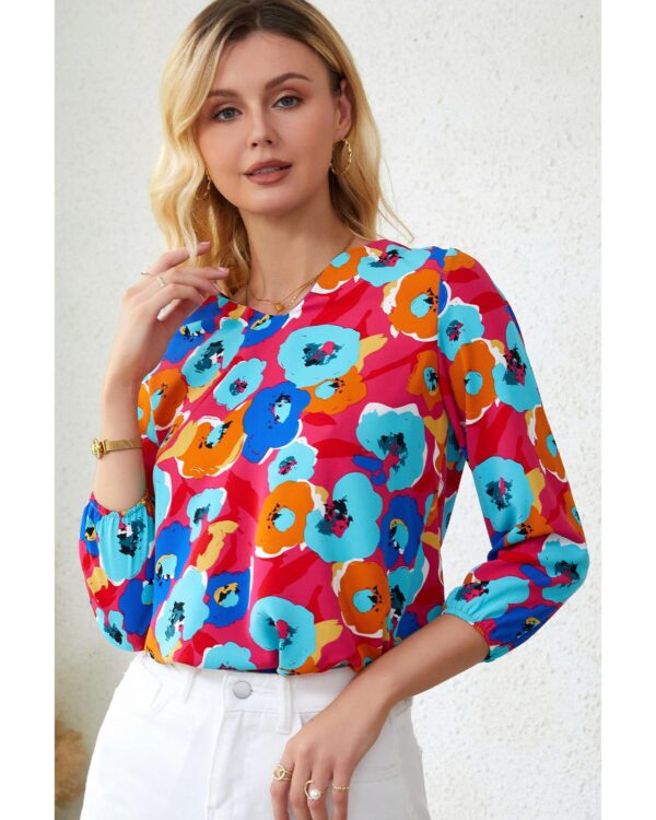 HomeDiscount-Azura Exchange V Neck 3/4 Sleeve Floral Print Blouse - L