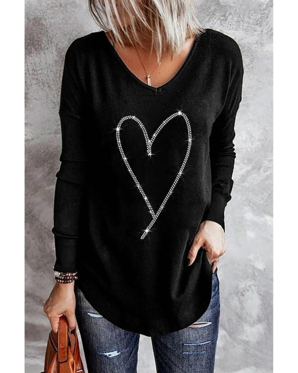 HomeDiscount-Azura Exchange Heart Shaped V Neck Long Sleeve Top with Rhinestone Embellishment