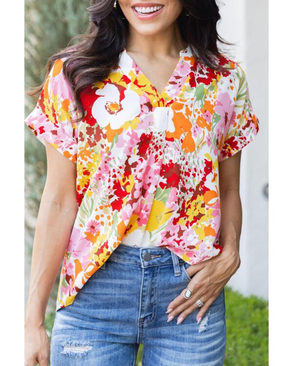 HomeDiscount-Azura Exchange Floral Print V Neck Short Sleeves Top - S