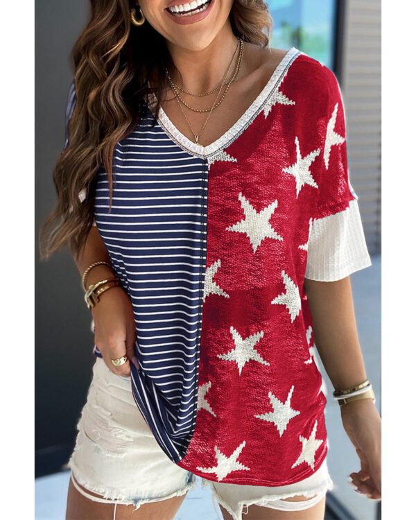 HomeDiscount-Azura Exchange Stripes Stars Print Knit Short Sleeves Top - L