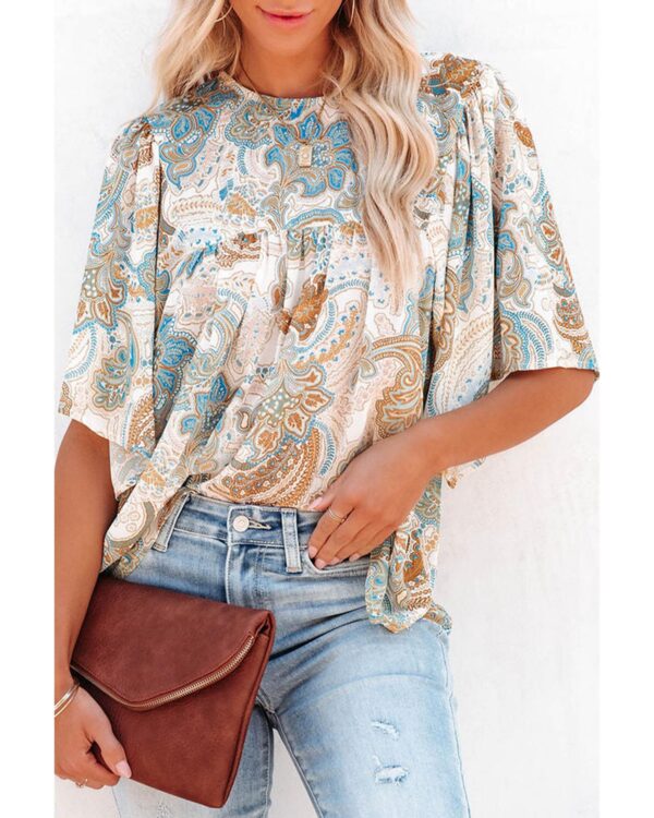 HomeDiscount-Azura Exchange Paisley Print Wide Sleeves Loose Blouse - S