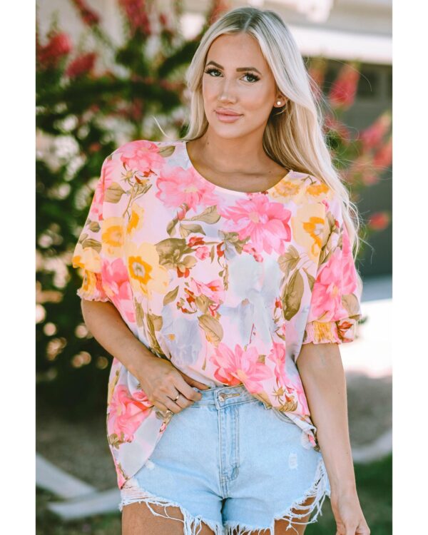 HomeDiscount-Azura Exchange Floral Blouse with Shirred Cuff Sleeves - M