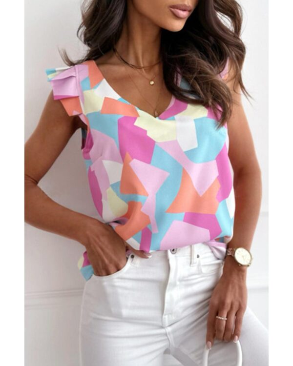 HomeDiscount-Azura Exchange Geometric Print V-Neck Pleated Cap Sleeve Top - L