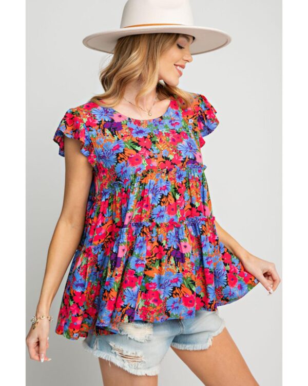 HomeDiscount-Azura Exchange Floral Print Ruffle Tiered Short Sleeve Babydoll Top - M