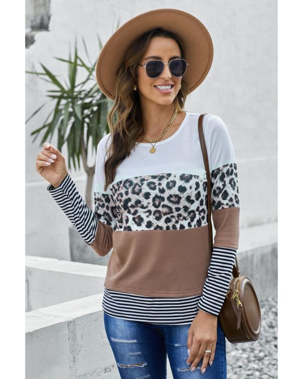 HomeDiscount-Azura Exchange Leopard Splicing Colorblock Long Sleeve Top - 2XL