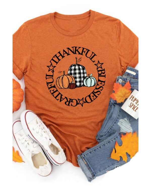 HomeDiscount-Azura Exchange Thankful Blessed Grateful Pumpkin Print T-Shirt - S