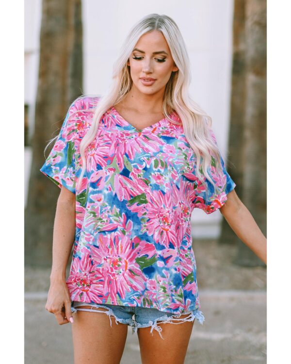 HomeDiscount-Azura Exchange Loose Fit Floral Print V Neck T Shirt - L