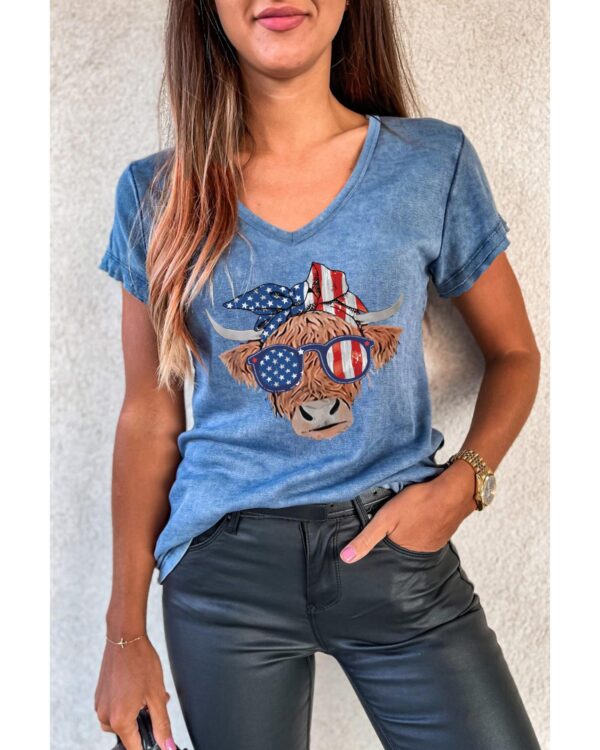 HomeDiscount-Azura Exchange Graphic Print V Neck T-Shirt with American Flag Cow Head Design -