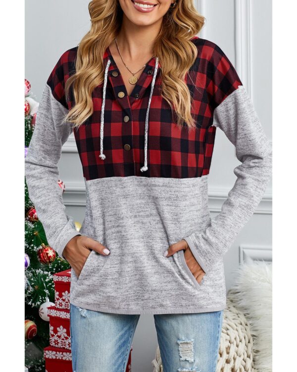 HomeDiscount-Azura Exchange Plaid Splicing Pocketed Hoodie - L