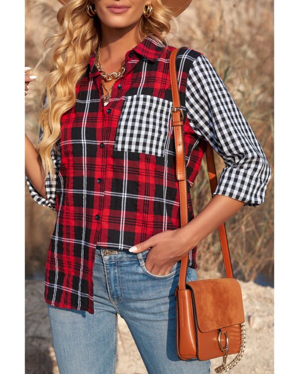 HomeDiscount-Azura Exchange Plaid Splicing Hit Color Pockets Long Sleeve Shirt - S