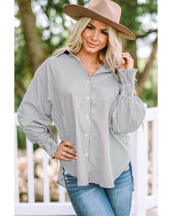 HomeDiscount-Azura Exchange Striped Boyfriend Shirt with Smocked Cuffs and Pocket - S